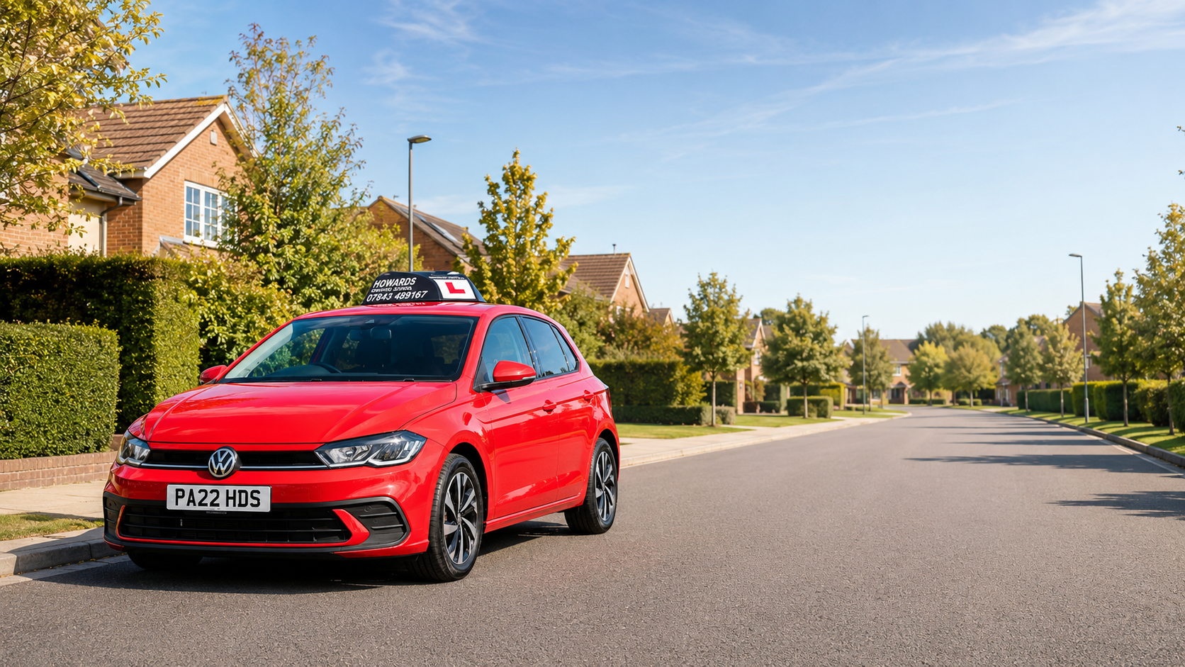 The Howard's Driving School 2026 VW Polo on a quiet Buckingham road